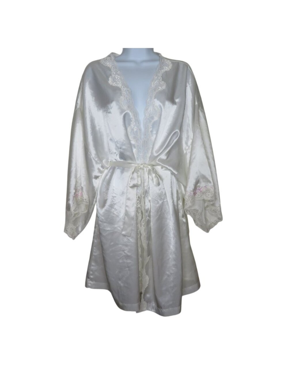 Vintage Wendy Ann White Satin Kimono Robe XL Lace Embroidered Sleeves